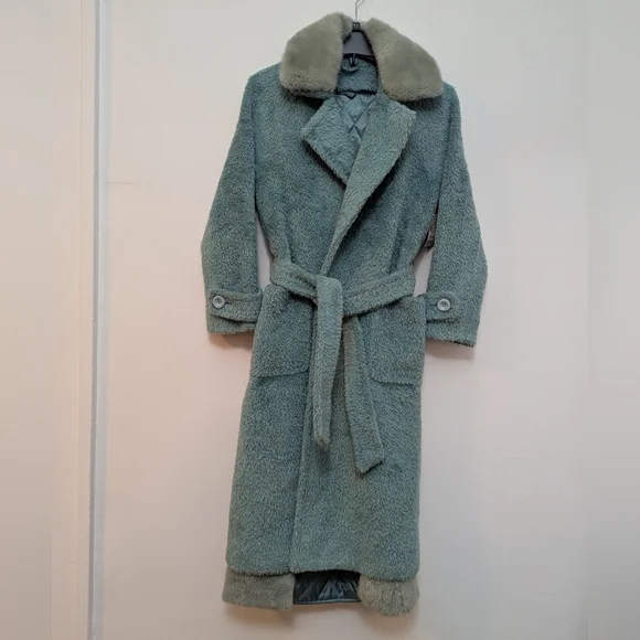Turquoise Green Longline Robe Teddy Coat With Faux Fur Trim Size S Mermaidcore - Picture 5 of 16